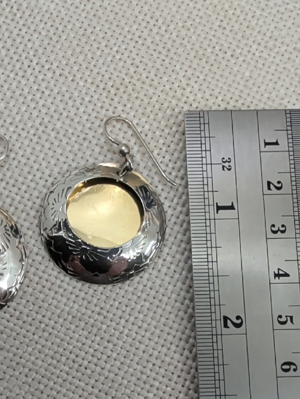 Vintage Sterling Silver Two Tone Stamped Circle Disc Dangle Earrings Artisan - Picture 13 of 17